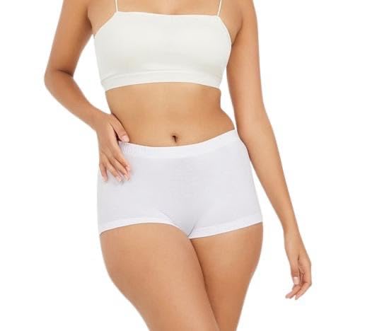 Women's High-Waisted Boyshort Underwear, White Cotton Blend, Seamless Stretch Fit-picture-52