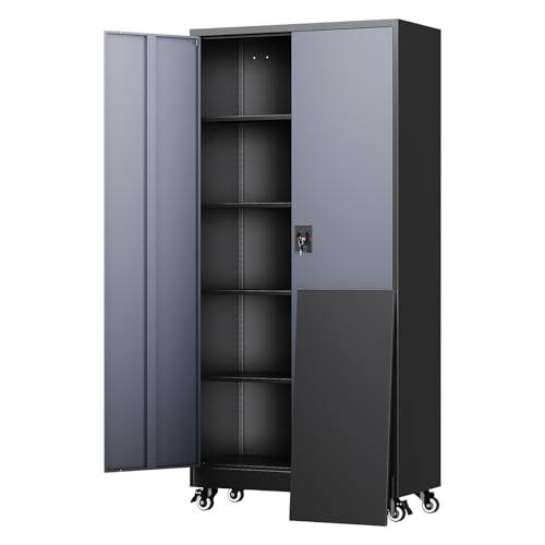 Image of Yizosh Metal Garage Storage Cabinet with Locking Doors and Adjustable Shelves,- 75 inch Rolling Steel Tool Cabinet for Home Office,Garage,Warehouse