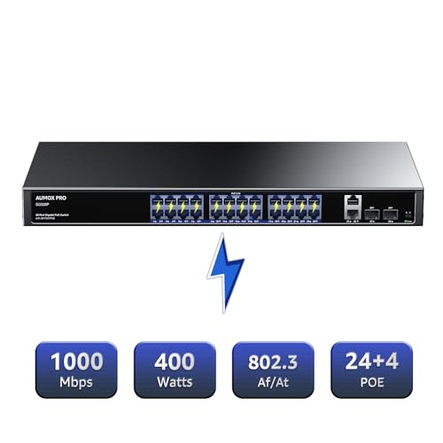 Image of 400W 28 Port Gigabit PoE Switch 24PoE 2SFP Rack Mount VLAN | IEEE 802.3af /at, Built-in Fan, Metal Housing,One Key VLAN, PoE Auto Recovery, Plug&Play For IP Camera & AP
