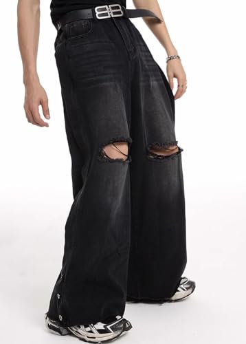 Mens Ripped Jeans High Waisted Streetwear Loose Wide Leg Distressed Denim Pants2