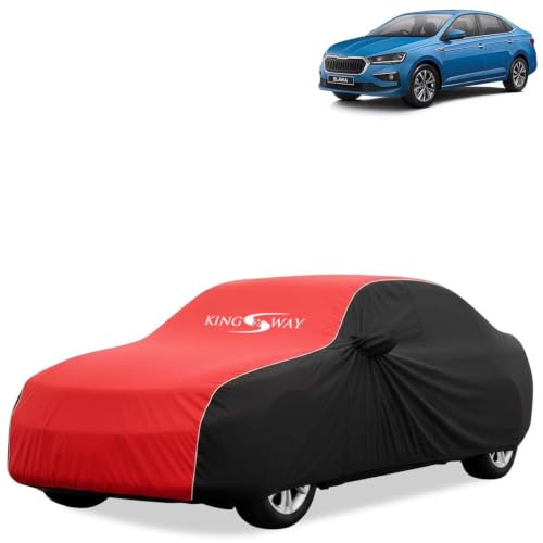 Image of KINGSWAY Super Waterproof Car Cover Only with Skoda Slavia (Year 2022 Onwards - All Model) | Mirror and Antenna Pockets | All Weather Car Body Cover with Silver Piping | Black Red