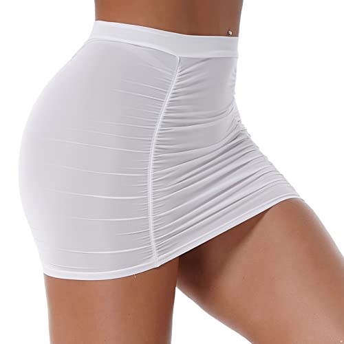 Vxuxlje Women's See Through Stretchy Shirring Miniskirt Ruched Bodycon Skinny Pencil Skirt4