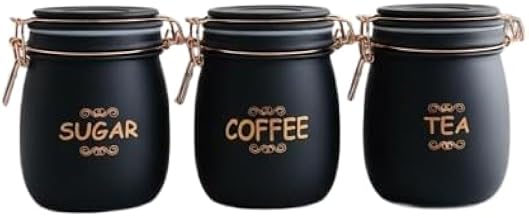 Matte Black Tea Coffee Sugar Storage Jar Set with Airtight Wooden Lid | Modern Kitchen Counter Organizer Containers