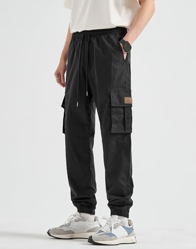 HHZ Men's Relaxed Fit Cargo Pants Drawstring Stretchy Elastic Waist Work Casual Pants with Zipper Pockets2