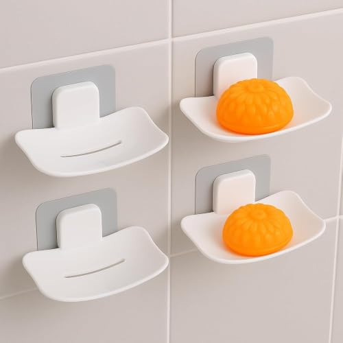 Image of Self-Adhesive Soap Holder for Bathroom (Pack of 4 White) Wall Mounted No-Drill Soap Stand with Water Drainage | Strong Sticker Plastic Soap Dish for Wash...