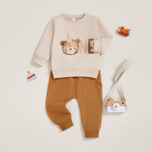 Baby Boy First Birthday Outfit Long Sleeve One Year Birthday Sweatshirt and Pants Sets Cake Smash Outfit 2Pcs2
