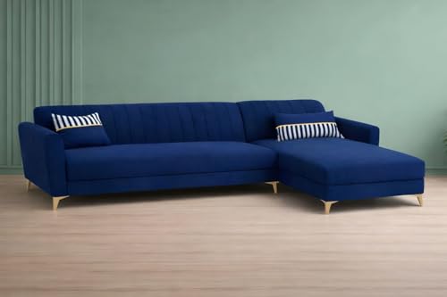 Image of Adorn India Premium Luster 6 Seater L Shape Sofa Set | Velvet Suede Fabric | 3-Year Warranty | RHS |Color Blue with Golden Legs & Striped Pattern Cushion