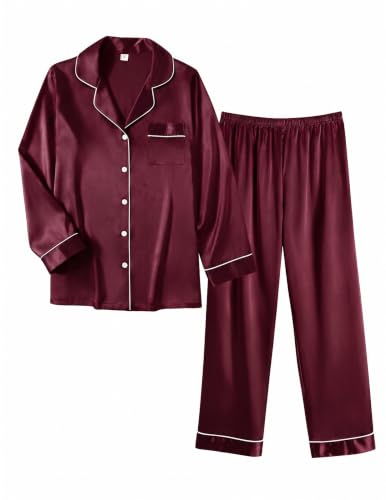 Image of Ekouaer Women Satin Pajamas Set Classic Button Down Long Pjs Set