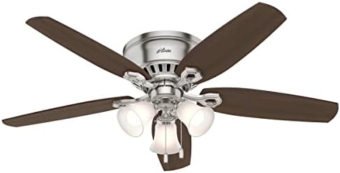 Hunter 52 inch Indoor Ceiling Fan with LED Lights - Ceiling Fan with Pull Chain, For Bedroom, Living Room, or Kitchen, Low Profile Mount, No Remote, 5 Blades - Builder 53328, Brushed Nickel