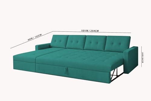 Image of Emilio 6 Seater LHS L - Shape Pull-Out Sofa Cum Bed Sofa for Living Room (Pine Fabric Color) Premium Fabric Sofa Set for Living Room Sofa Cum Bed