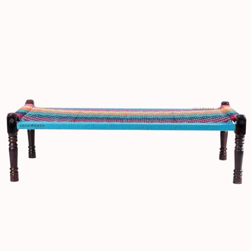 Solid Sheesham Wood Handmade Rajasthani Charpai | Cotton Rope Khatiya Charpai Single Bed Without Storage | Wooden Cot Bed | Khatiya-Khaat | 6X3 Feet | 6 Line Weave, Multicolour