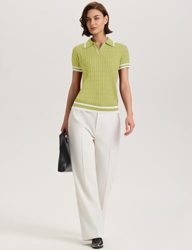 Image of Micoson Womens Short Sleeve Sweater Tops Lapel V Neck Polo Shirts 2026 Summer Cable Knit Loose Blouse Business Casual Outfits