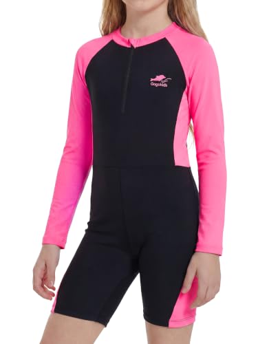 Gogokids Girls and Boys Rash Guard One Piece Swimsuit Water Sport UPF50+ Color Block Zipper Bathing Suits,Black Pink,4-5Years — view 2