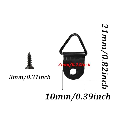 Image of 100Pcs Small Triangle D-Ring Picture Hangers with Screws, Picture Hang Solutions, Black Metal Frame Hooks Hardware for Hanging Clocks, Paintings, Artwork, Photos, Mirror