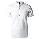 ATRYONE Mens Casual Cotton Henley Shirt Short Sleeve T-Shirts Solid Tops White X-Large