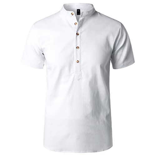 Atryone Mens Casual Cotton Henley Shirt Short Sleeve T-Shirts Solid Tops White X-Large #TOP5