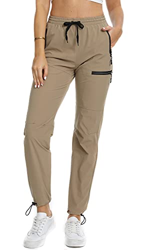 VANGULL Cargo Hiking Pants for Women Elastic Waist Quick Dry Lightweight Outdoor UPF 50+ Long Pants Zipper Pockets Khaki