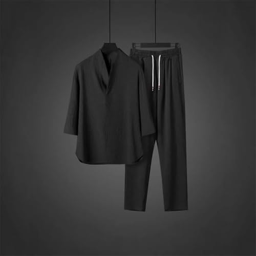 Chinese Style Pullover Shirts Loose Fit Thin Silk Men's T-Shirt Casual Short Sleeve Suit Two Pieces Set3