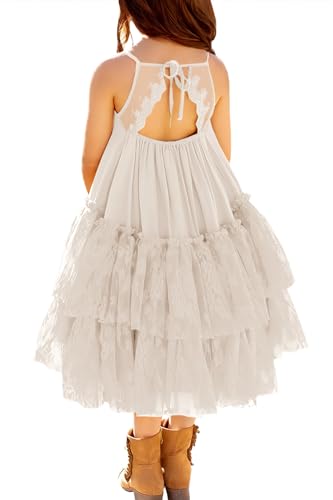 MITILLY Girls Boho Lace Backless Square Neck Sleeveless A Line Ruffle Tiered Flowy Long Party Dress
