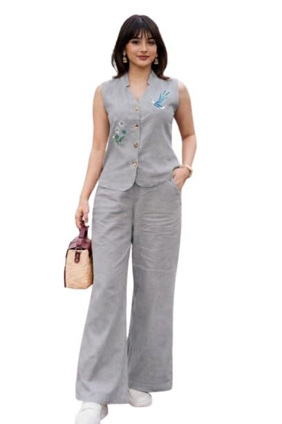 Image of Yellow Embroidered Co-Ord Set, Sleeveless Vest with Wide-Leg Trousers