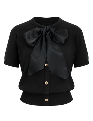 Yeokou Womens Satin Bow Short Sleeve Knit Cardigan Metal Button Crew Neck Casual Sweater Top for Office Casual Daily(Black-M)