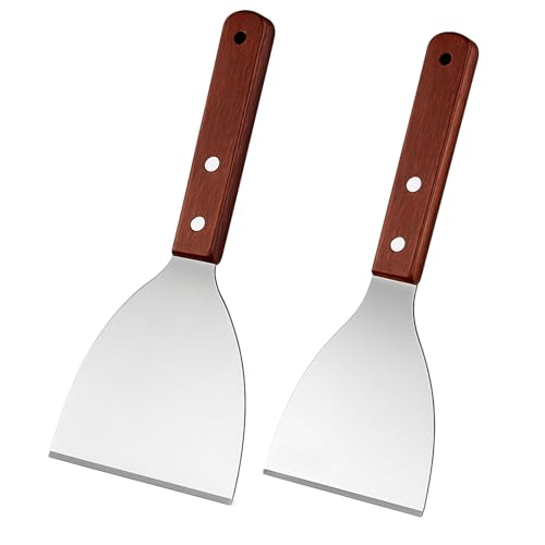 Mallez 2-Pack Griddle Scrapers – Stainless Steel Slant Edge Grill Tools with Wooden Handle, Ideal for BBQ, Flat Top Grills & Kitchen Cleaning, Dishwasher Safe