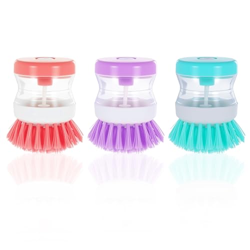 Image of ElevateTech Dish Brush with Soap Dispenser, 3 Pcs Soap Dispensing Brush Dish Soaps Scrubber Brushes Kitchen Scrub Brushes for Cleaning Dishes Pot Pan Sink (Pink /Purple /Green)