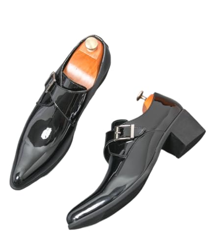 Monk Strap Shoes Men Classic Retro Formal Business Loafer Dress Shoes Lightweight Leather Slip On Comfortable High Heel Pointed Plain Toes Buckled Pull-on Office Oxford Casual Elegant Wedding Footwear