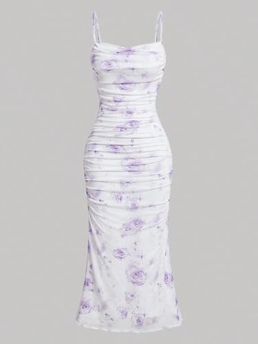 Image of GORGLITTER Women's Floral Ruched Bodycon Midi Dress Mesh Sleeveless Fishtail Cami Dresses