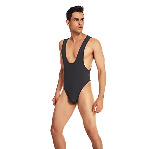 Abafip Men's Sleeveless High Cut Thong Leotard Bodysuit One Piece Backless Deep U Neck Solid Color Singlet Undershirt Activewear Tanks Black Small #TOP4