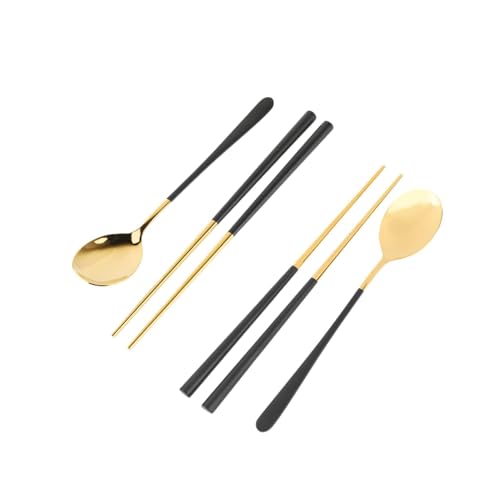 Juego de vajilla coreana, 2 juegos de cubiertos portátiles dorados de acero inoxidable palillos y cuchara cubiertos portátiles reutilizables (negro)