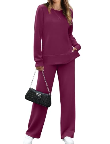 Image of OFEEFAN Women's 2 Piece Lounge Set Travel Airport Outfits Side Slit Tracksuit Wide Leg Loungewear Baggy Comfy Sweatsuit S-3XL