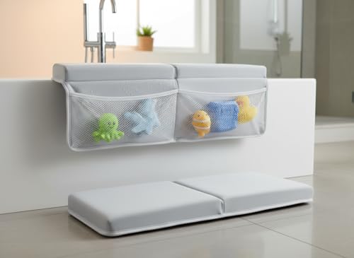 Image of NEW Luxury Bath Kneeling Pad and Elbow Rest Set - THICK SOFT Bath Kneeler Pad and Bath Toys Organizer with Pockets - Supports Knees and Elbows - Bath Kneeling Pad for Baby Bathtime - Light Grey