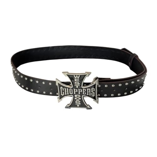 Studded Leather Belt with West Coast Choppers Cross Buckle – Adjustable Punk Biker Waist Strap for Men & Women2