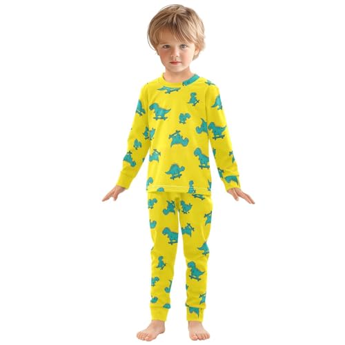 Pajama Sets Long Sleeve Dinosaurs Skateboarding Yellow Soft Comfy Sleepwear 2 Piece PJS 3-8T2