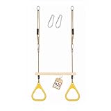 h2i Altalena trapezoidale con anelli da ginnastica | Asta trapezoidale in legno con corde e moschettoni | Anelli da ginnastica in plastica di colore giallo | Altalena per bambini per esterni e interni