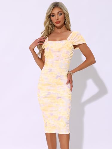 Image of Allegra K Midi Ruched Dress for Women's Cocktail Bodycon Square Neck Printed Dresses
