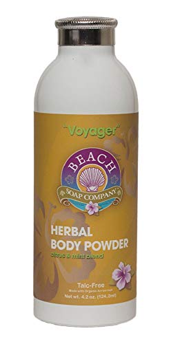 Talc Free Organic Body Powder, Voyager Scent is a blend of Peppermint and Blood Orange Essential Oil). Made and sold by Beach Organics. 4.2 oz.