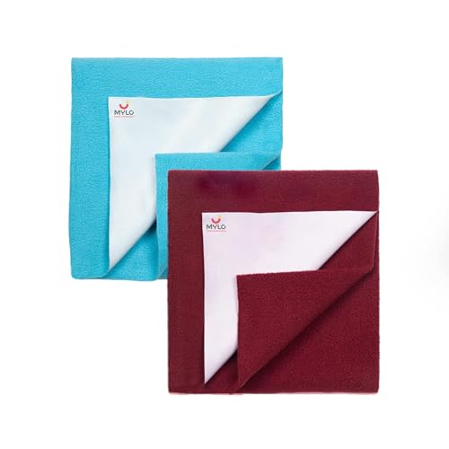 Image of Mylo Baby Waterproof Mattress Protector for Baby (0-3 Years), Extra Absorbent, Soft and Reusable Quick Dry Sheets (Turquoise & Maroon)- Pack of 2