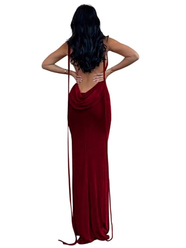 Volemo Womens Summer Backless Bodycon Dress Halter Cowl Neck Slip Spaghetti Strap Sexy Cocktail Party Maxi Dresses Dark Red XS