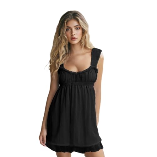 Image of Women Square Neck Mini Dress Summer Sleeveless Floral Embroidery Frill Hem A-line Dress
