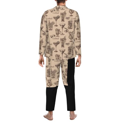 Vintage Hand Drawn Cocktail Mens Pajamas Set Button Down Sleepwear Set Long Sleeve Loungewear With Pockets2