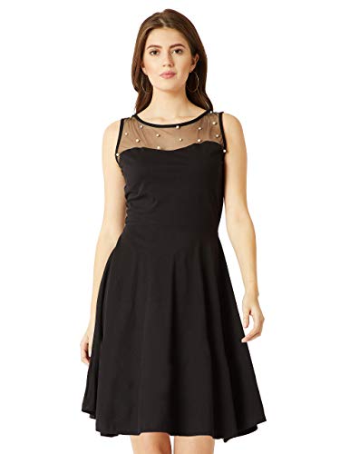Image of Miss Chase Women's Black Round Neck Sleeveless Cotton Solid Sheer and Pearl Detailing Mini Skater Dress