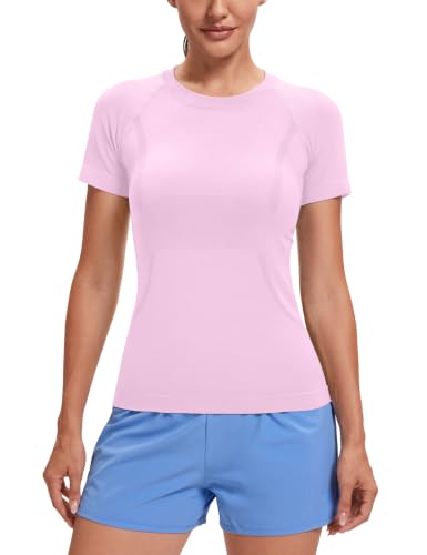 Image of MathCat Seamless Short Sleeve Workout Tops for Women | Breathable, Moisture-Wick, Soft, High Stretch, Chafe-Free, Waist Length, Slim Fit, Athletic T-Shirt
