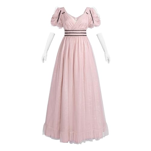 Fiamll Regency Kleid Damen Jane Austen Tüllkleid Abendkleider Empire Kleider mit Handschuhen Viktorianisches Ballkleid Cocktailkleid Damen Lang Rosa...