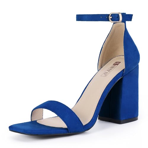 IDIFU Blue Heels High Chunky Block Square Open Toe Ankle Strap Heeled Sandals Wedding Bridal Prom Dressy Comfortable Sexy Trendy Bride Bridesmaid Dress Shoes Thick Heels(Blue Suede, 7.5)