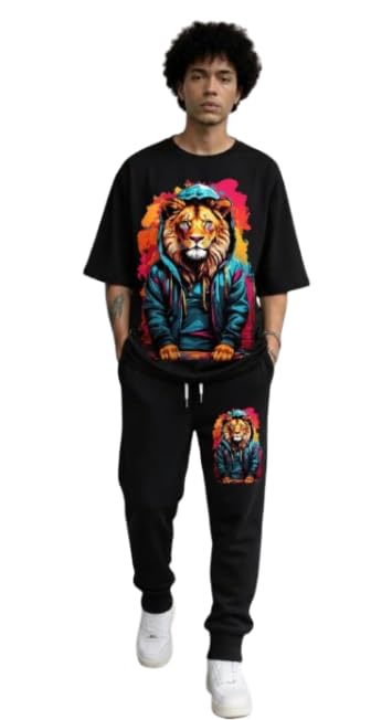 Tracksuit for Boys and Men, Black Oversized T-Shirt and Joggers Set with Colorful Lion Graphic Print, Streetwear Casual Outfit-image-4