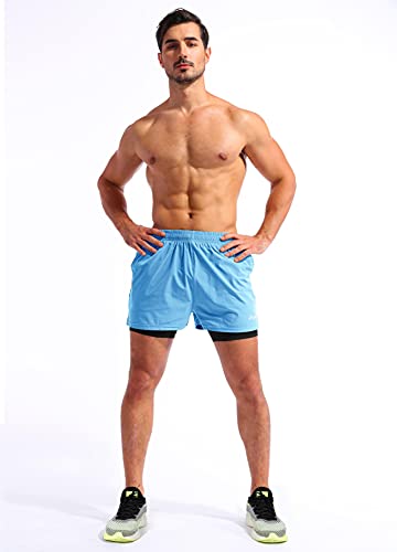 Image of Pudolla Men's 2 in 1 Running Shorts 5 inch Quick Dry Gym Athletic Workout Shorts for Men with Phone Pockets