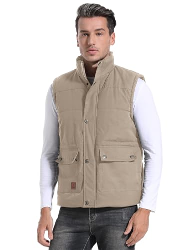 Image of Flygo Men's Winter Warm Outdoor Padded Puffer Vest Thick Fleece Lined Sleeveless Jacket, Khaki, XX-Large