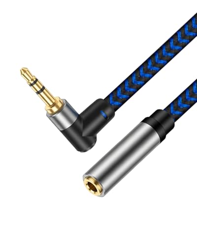 GGMTY 3FT 3.5mm Audio Extension Cable, 90-Degree Right Angle Aux Extender Cord (Male to Female), Nylon Braided TRS Stereo Audio Jack Adapter for Car, PC, Speakers, Headphones (No Mic Support)